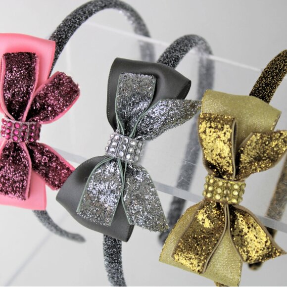 Girls Metallic Rhinestone Tail Bow Headband Christmas Holiday Festive Hair Bow - Picture 1 of 5